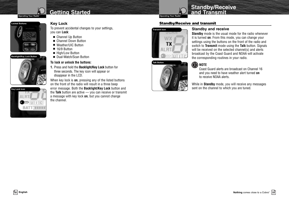 Eather radio and alert, Hazards/weather radio and alert, Standby/receive and transmit | Getting started, Standby and receive, Key lock | Cobra Electronics MR HH300 VP User Manual | Page 19 / 25