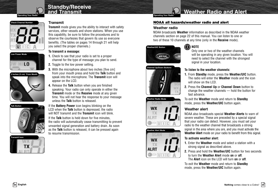 Advanced operation, Weather radio and alert, Standby/receive and transmit | Cobra Electronics MR HH300 VP User Manual | Page 20 / 25