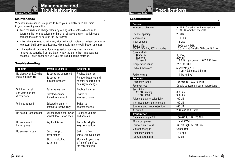 Arranty, Product service, Warranty | Specifications, Maintenance and troubleshooting | Cobra Electronics MR HH300 VP User Manual | Page 23 / 25