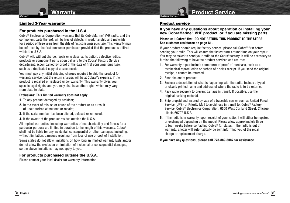 Ptional accessor, Order form and optional accessories, Product service | Warranty | Cobra Electronics MR HH300 VP User Manual | Page 24 / 25