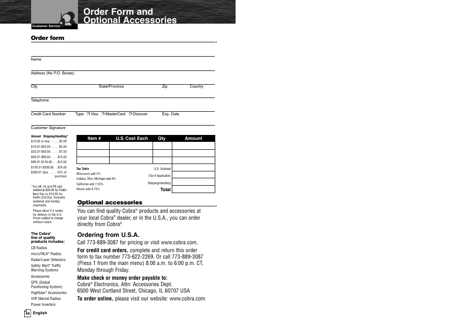 Order form and optional accessories, Ordering from u.s.a, Optional accessories | You can find quality cobra, Products and accessories at your local cobra, Order form | Cobra Electronics MR HH300 VP User Manual | Page 25 / 25
