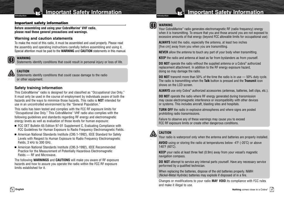 Important safety information, Installation, Customer | Assistance, Warning and caution statements, Safety training information | Cobra Electronics MR HH300 VP User Manual | Page 4 / 25