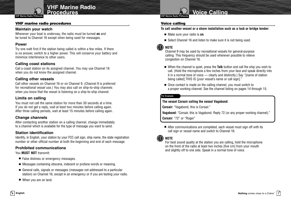 Voice calling, Notice, Caution | Warning, Assistance, Vhf marine radio procedures voice calling, Maintain your watch, Power, Calling coast stations, Calling other vessels | Cobra Electronics MR HH300 VP User Manual | Page 6 / 25