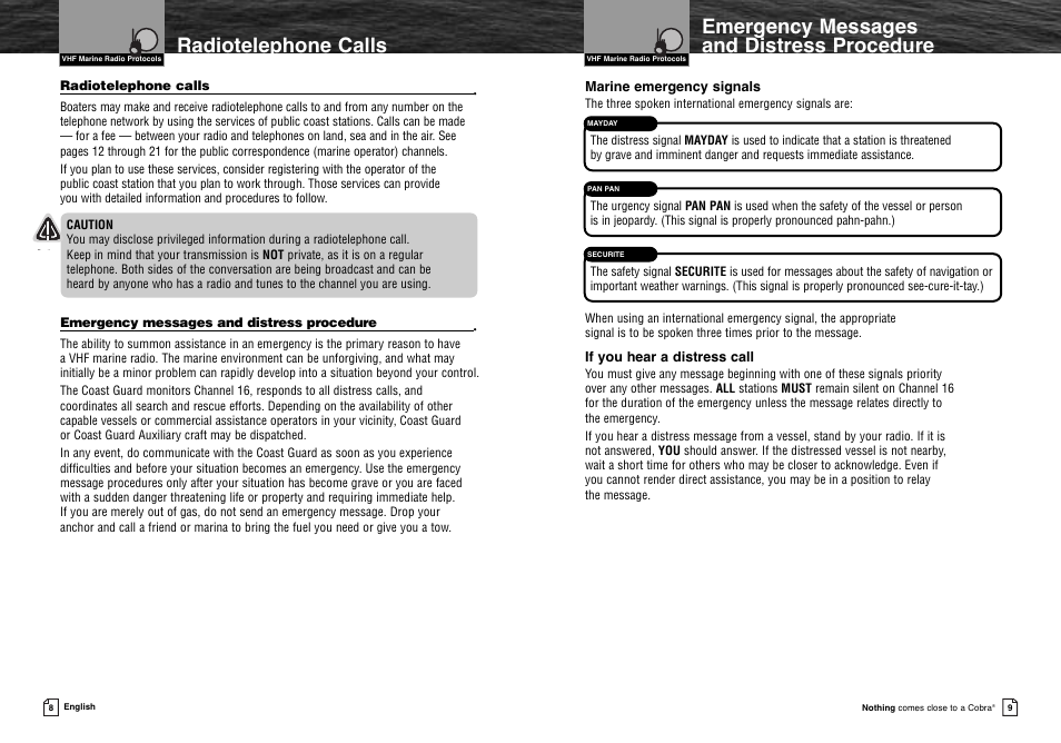 Radiotelephone calls, Emergency messages and distr, Emergency messages and distress procedure | Cobra Electronics MR HH300 VP User Manual | Page 7 / 25