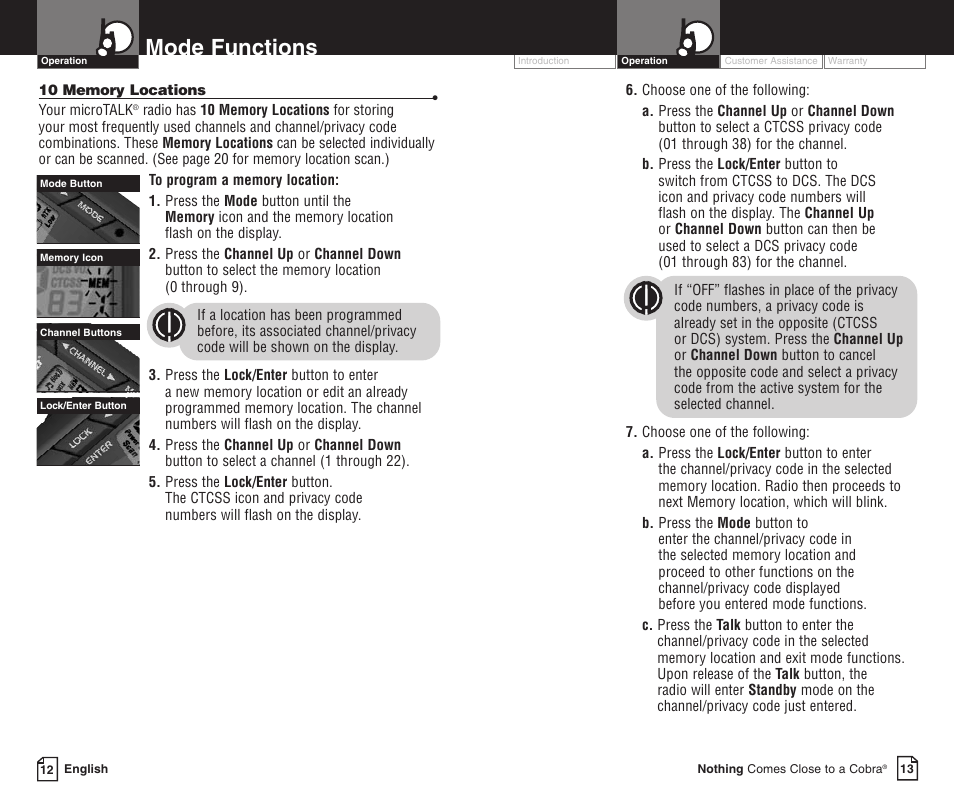 Mode functions | Cobra Electronics LI 3900DXC User Manual | Page 10 / 19
