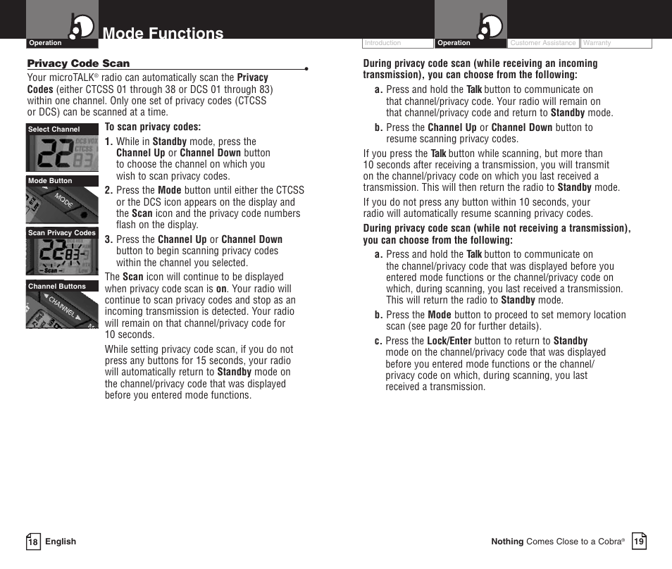 Mode functions | Cobra Electronics LI 3900DXC User Manual | Page 13 / 19