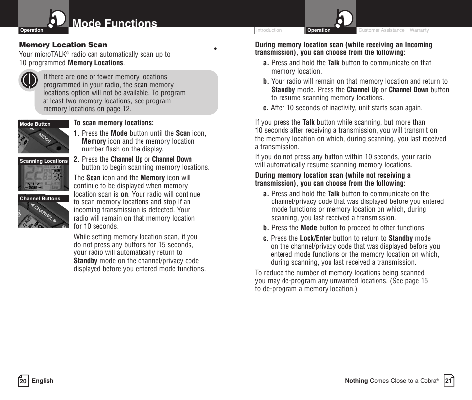 Mode functions | Cobra Electronics LI 3900DXC User Manual | Page 14 / 19