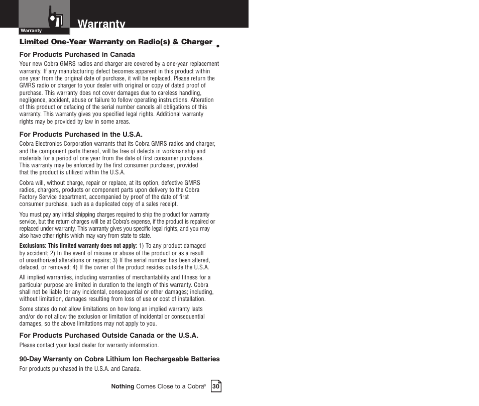 Warranty | Cobra Electronics LI 3900DXC User Manual | Page 19 / 19