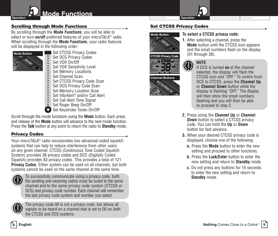 Mode functions | Cobra Electronics LI 3900DXC User Manual | Page 8 / 19