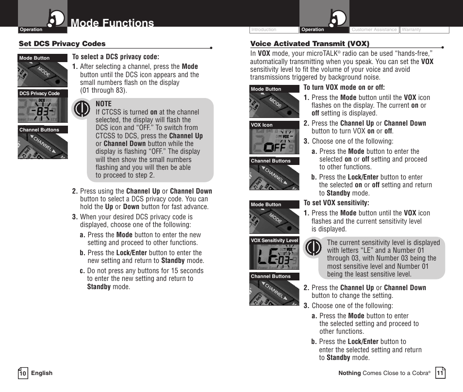 Mode functions | Cobra Electronics LI 3900DXC User Manual | Page 9 / 19