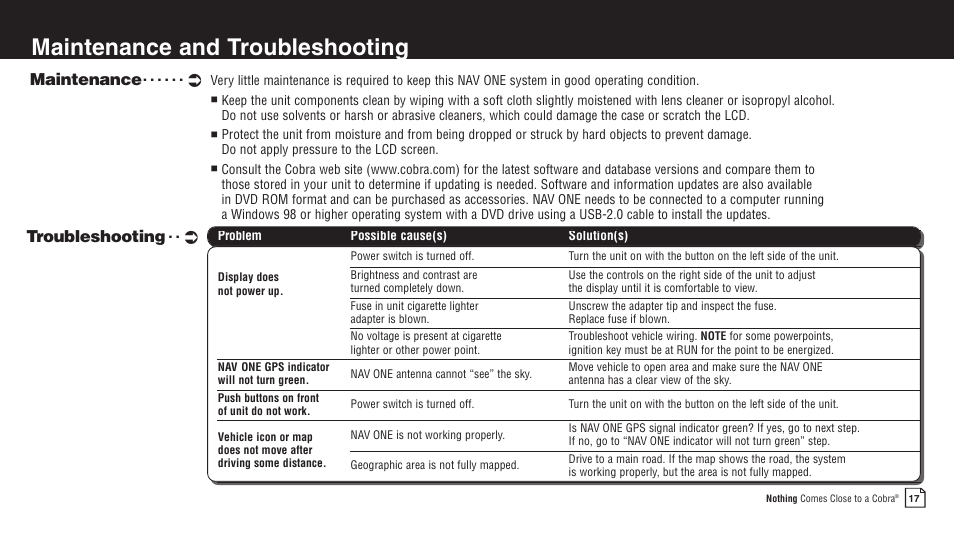 Maintenance and troubleshooting, Maintenance, Troubleshooting | Cobra Electronics 2750 User Manual | Page 17 / 24