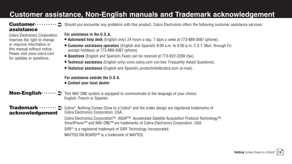 Trademark, Acknowledgement non-english, Customer | Assistance | Cobra Electronics 2750 User Manual | Page 19 / 24
