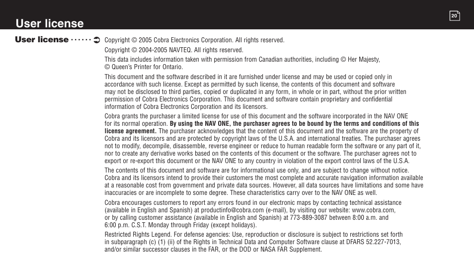 User license | Cobra Electronics 2750 User Manual | Page 20 / 24