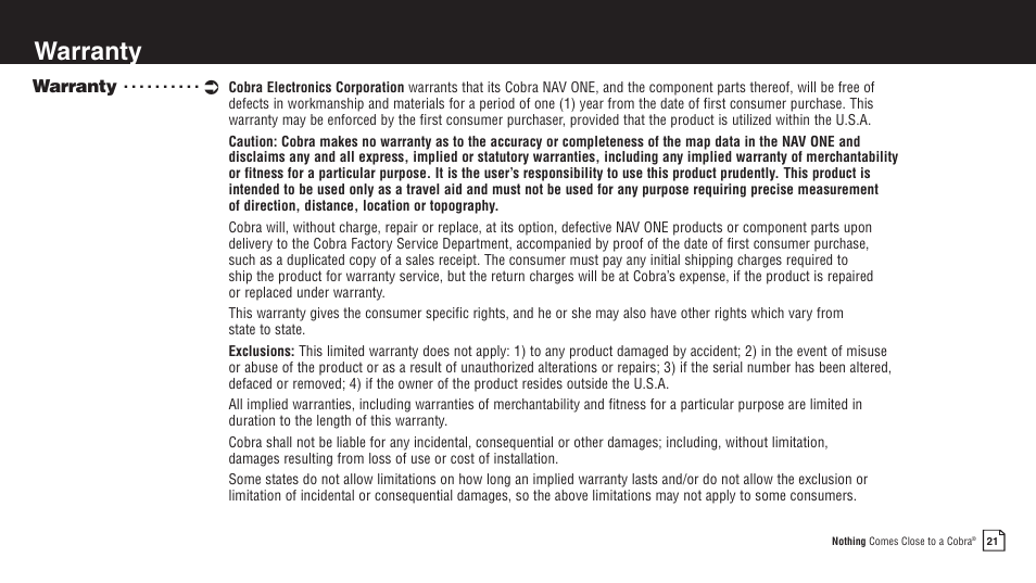 Warranty | Cobra Electronics 2750 User Manual | Page 21 / 24