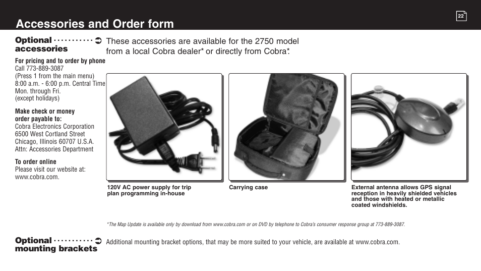 Accessories and order form | Cobra Electronics 2750 User Manual | Page 22 / 24