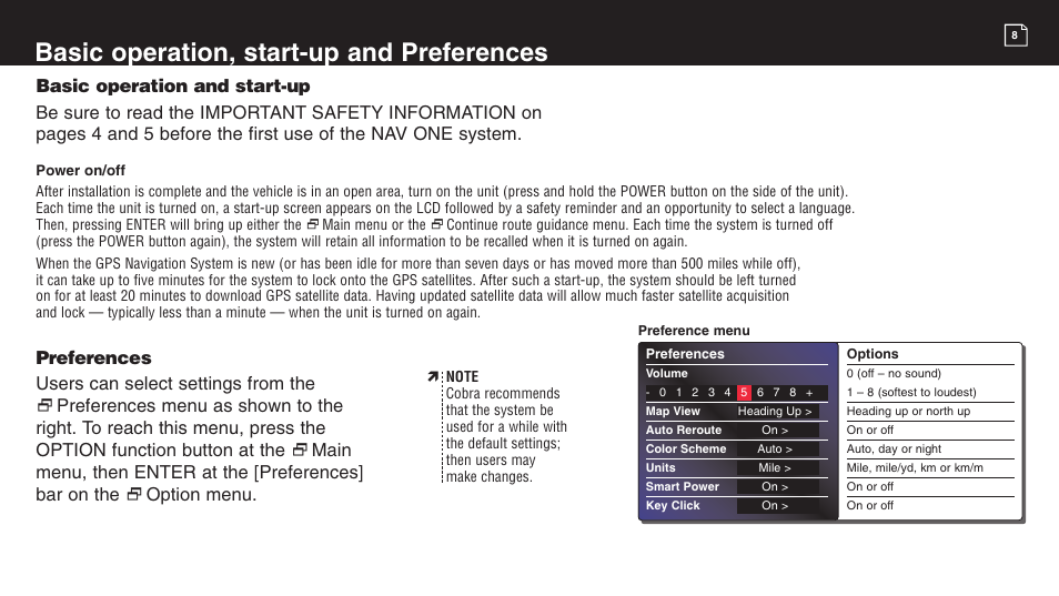 Basic operation, start-up and preferences | Cobra Electronics 2750 User Manual | Page 8 / 24