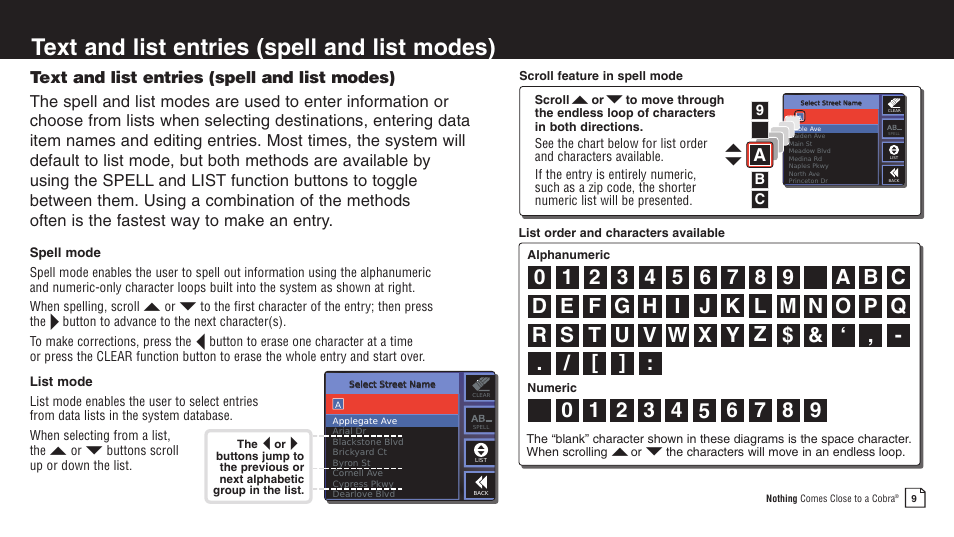 Text and list entries (spell and list modes) | Cobra Electronics 2750 User Manual | Page 9 / 24