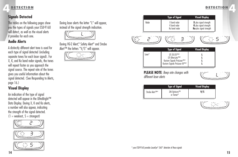 Signals detected, Audio alerts, Visual display | Safety alert, And strobe alert™ the letters ”v/s“ will appear | Cobra Electronics ESD-9160 User Manual | Page 10 / 16