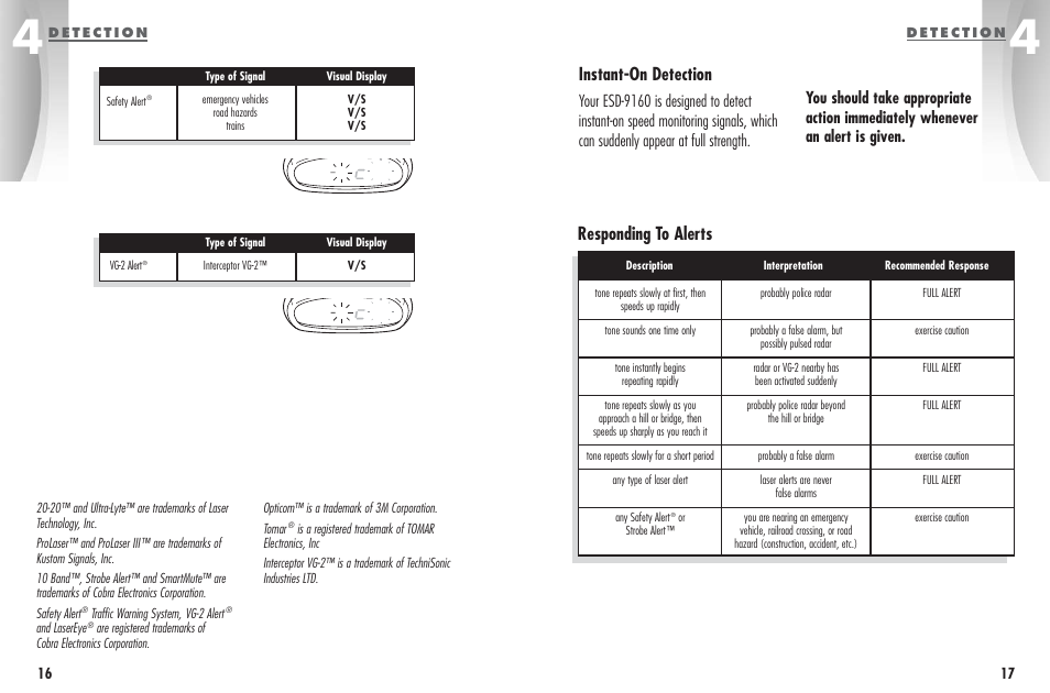 Responding to alerts instant-on detection | Cobra Electronics ESD-9160 User Manual | Page 11 / 16