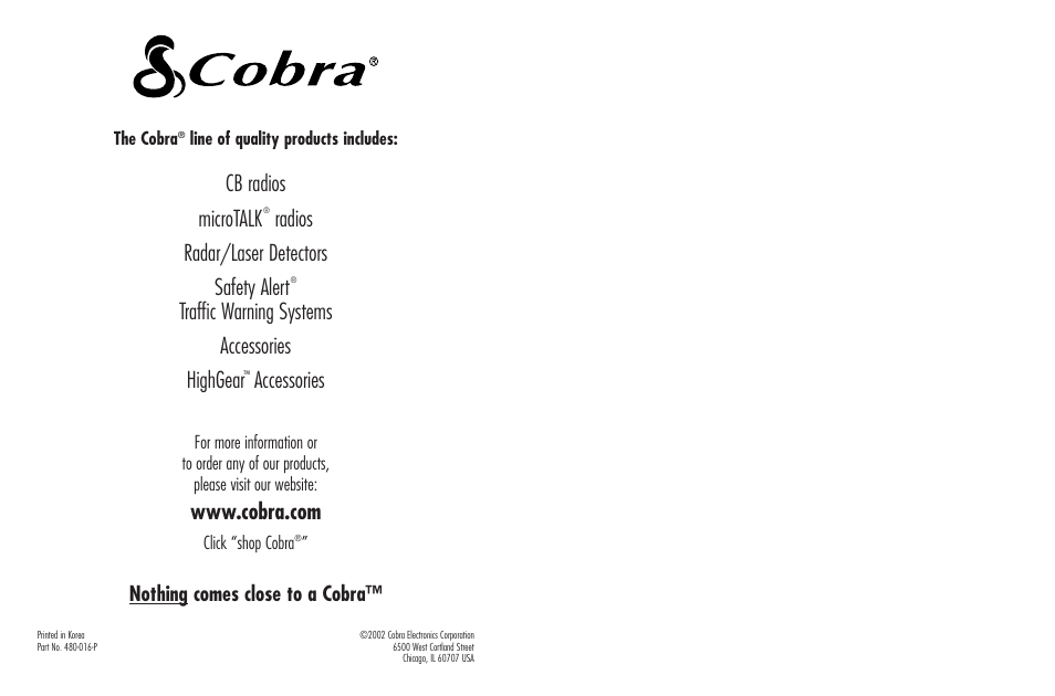 Cb radios microtalk, Radios radar/laser detectors safety alert, Traffic warning systems accessories highgear | Accessories, Nothing comes close to a cobra | Cobra Electronics ESD-9160 User Manual | Page 16 / 16