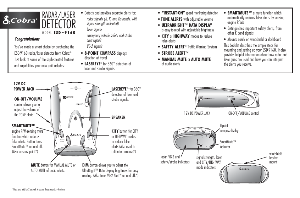 Detector, Radar/laser | Cobra Electronics ESD-9160 User Manual | Page 2 / 16