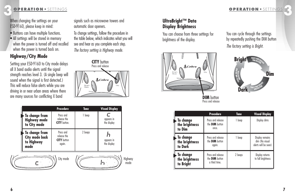 Dark bright dim, Highway/city mode, Ultrabright™ data display brightness | City button | Cobra Electronics ESD-9160 User Manual | Page 6 / 16