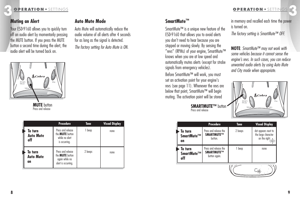 Muting an alert, Auto mute mode, Smartmute | Cobra Electronics ESD-9160 User Manual | Page 7 / 16