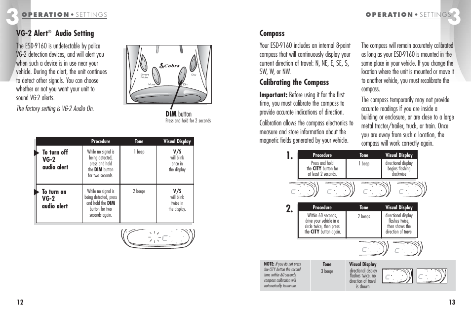 Compass, Calibrating the compass, Vg-2 alert | Audio setting, Dim button | Cobra Electronics ESD-9160 User Manual | Page 9 / 16