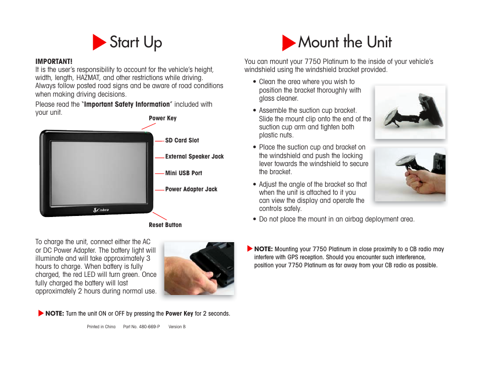 Start up, Mount the unit | Cobra Electronics PLATINUM 7750 User Manual | Page 2 / 8
