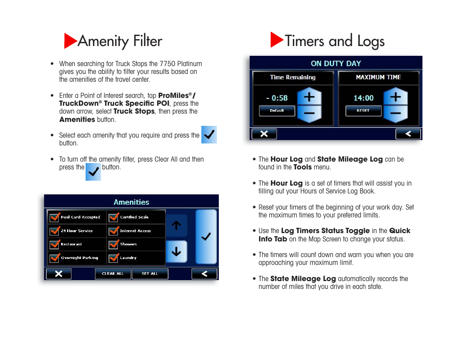 Amenity filter, Timers and logs | Cobra Electronics PLATINUM 7750 User Manual | Page 7 / 8