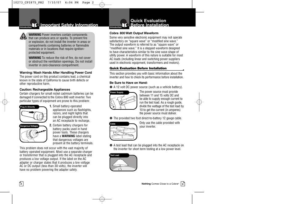 Important safety information, Quick evaluation before installation | Cobra Electronics CPI 875 User Manual | Page 4 / 11