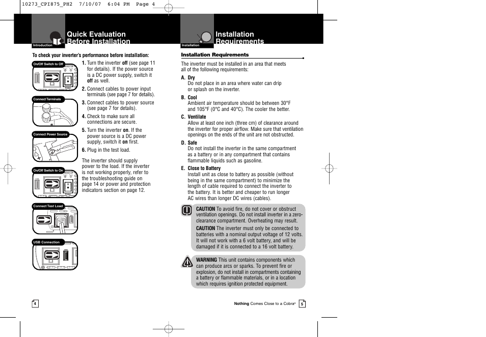 Installation requirements, Quick evaluation before installation | Cobra Electronics CPI 875 User Manual | Page 5 / 11