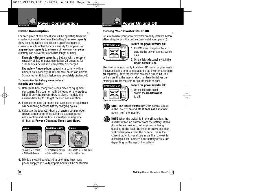 Power consumption, Power on and off | Cobra Electronics CPI 875 User Manual | Page 8 / 11