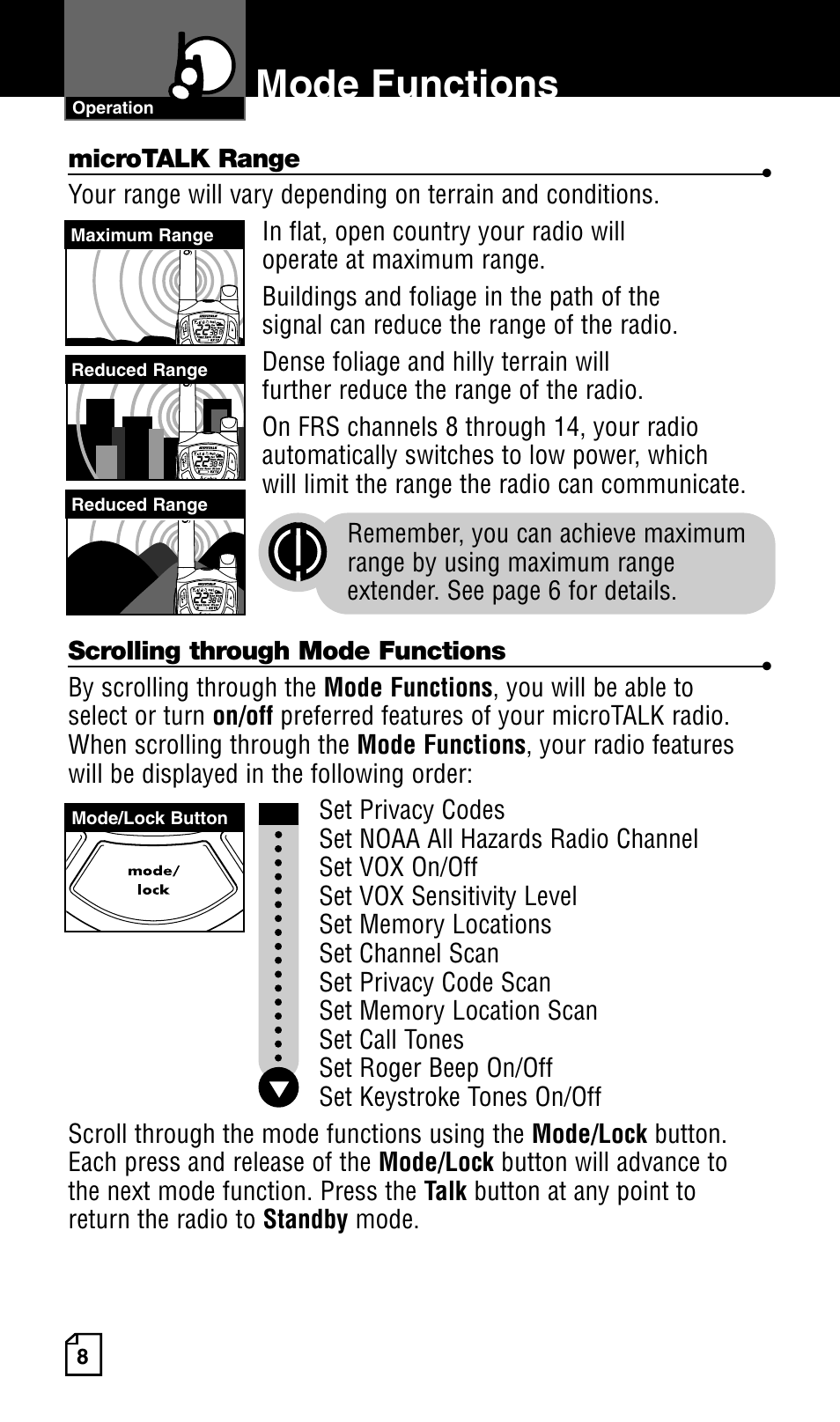 Mode functions | Cobra Electronics Two-Way Radio User Manual | Page 14 / 30
