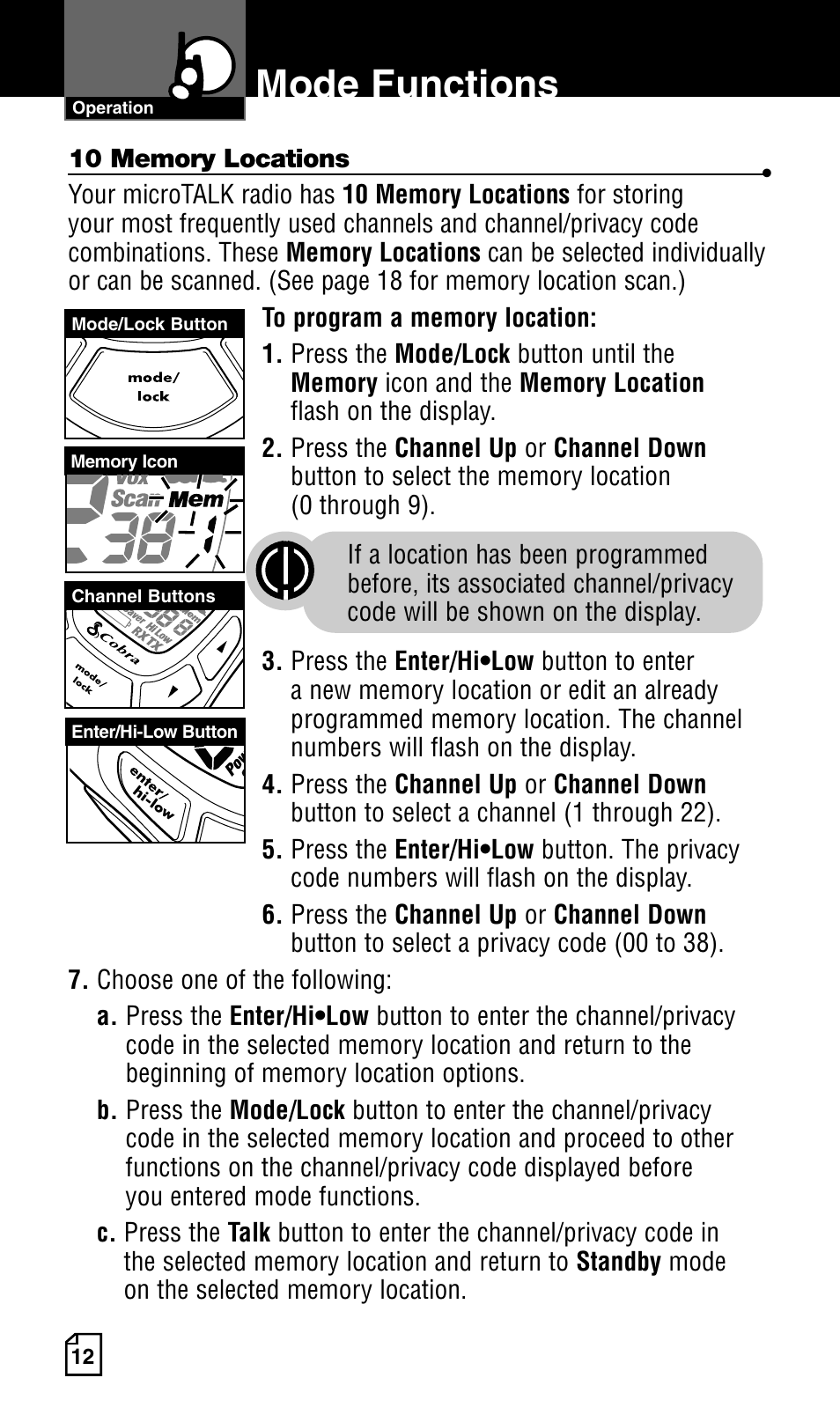 Mode functions | Cobra Electronics Two-Way Radio User Manual | Page 18 / 30