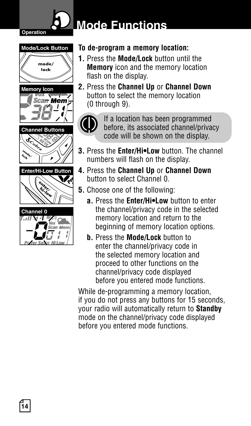 Mode functions | Cobra Electronics Two-Way Radio User Manual | Page 20 / 30