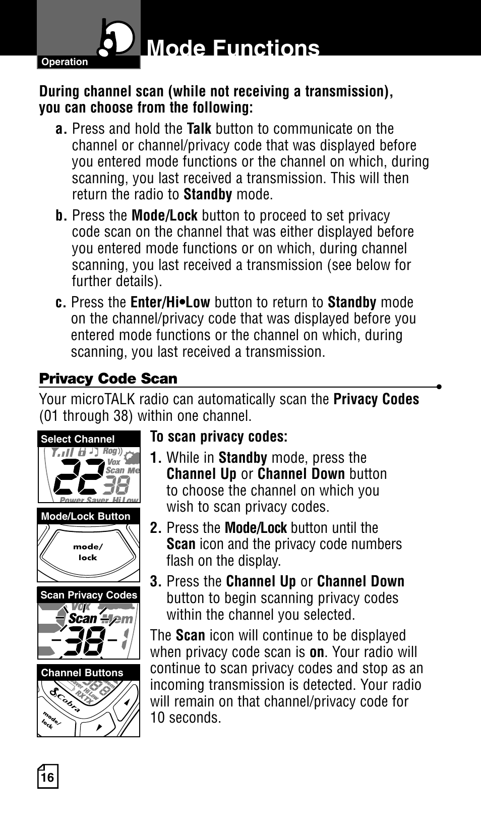 Mode functions | Cobra Electronics Two-Way Radio User Manual | Page 22 / 30