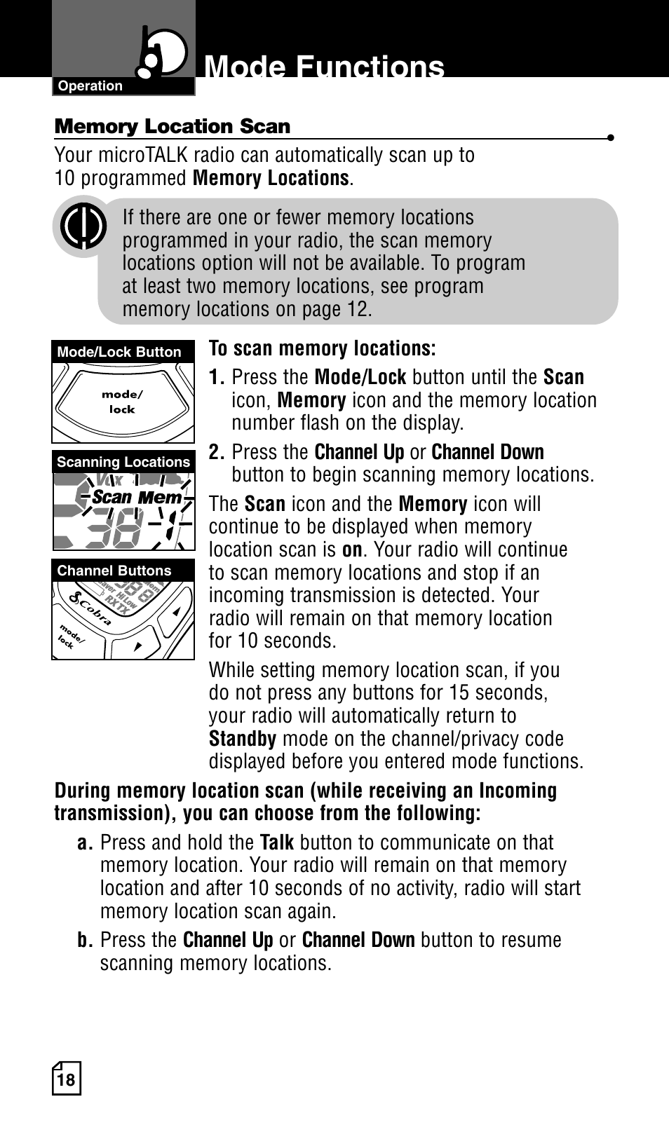 Mode functions | Cobra Electronics Two-Way Radio User Manual | Page 24 / 30