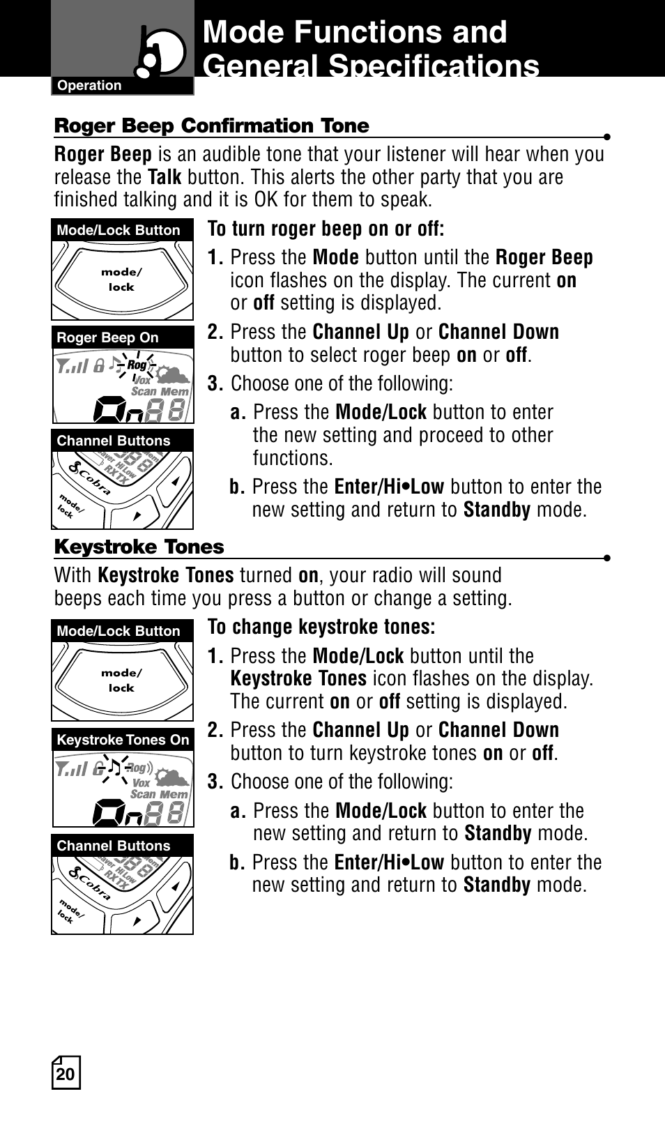 Mode functions and general specifications | Cobra Electronics Two-Way Radio User Manual | Page 26 / 30