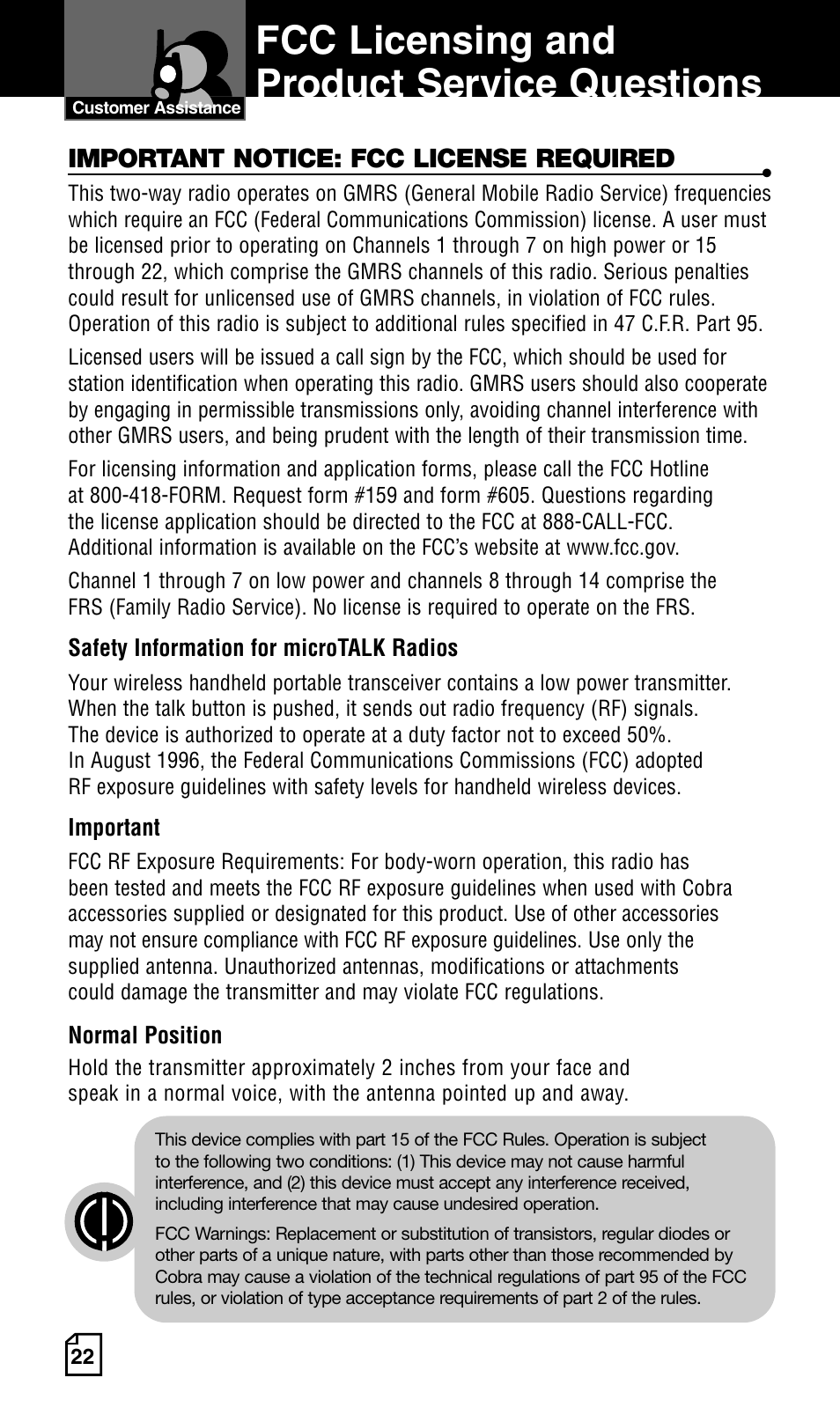 Fcc licensing and product service questions | Cobra Electronics Two-Way Radio User Manual | Page 28 / 30