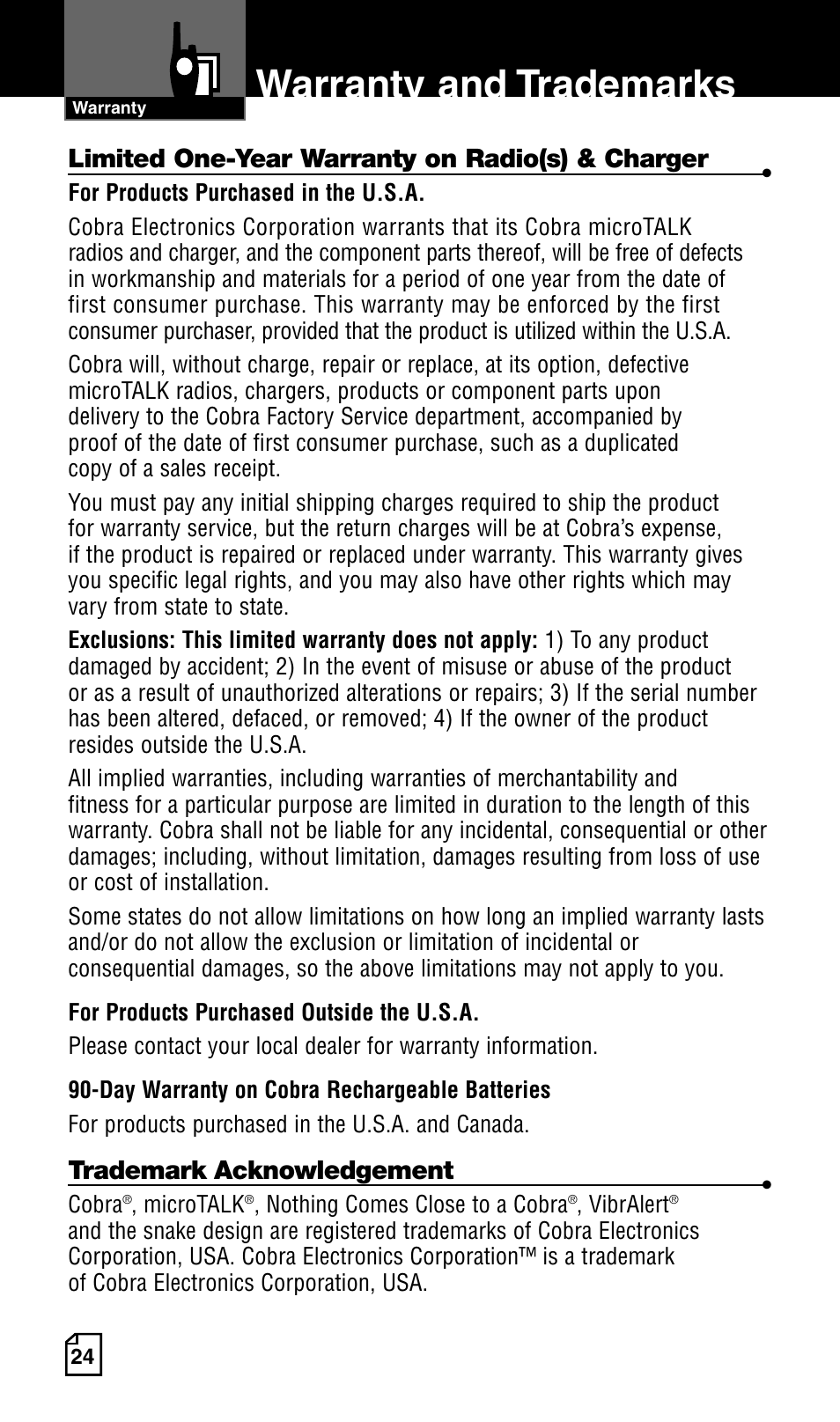 Warranty and trademarks | Cobra Electronics Two-Way Radio User Manual | Page 30 / 30
