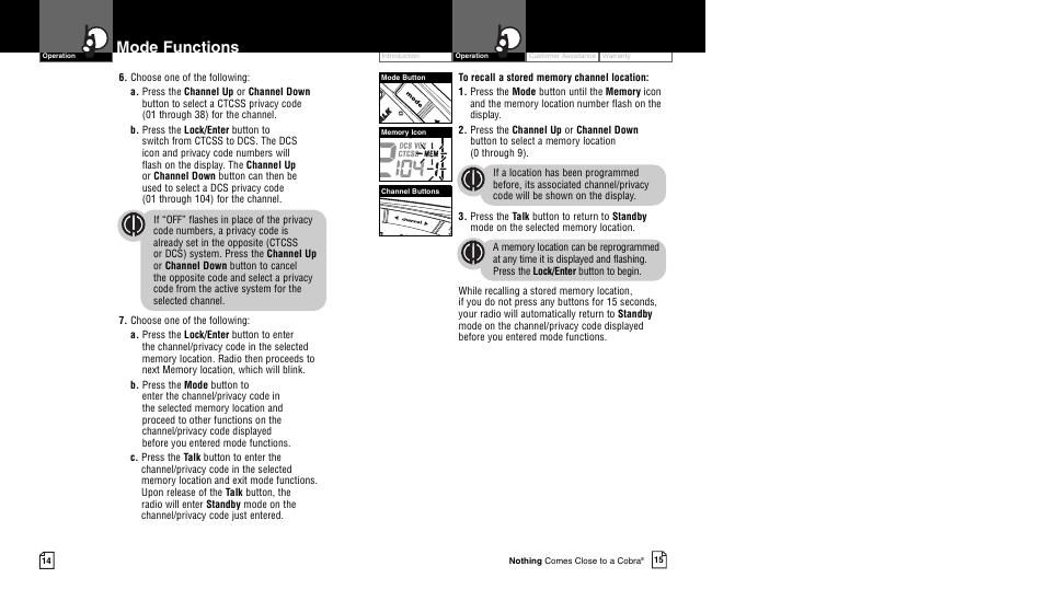 Mode functions | Cobra Electronics CXR750 User Manual | Page 10 / 17