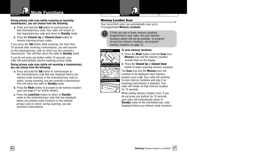 Mode functions | Cobra Electronics CXR750 User Manual | Page 13 / 17