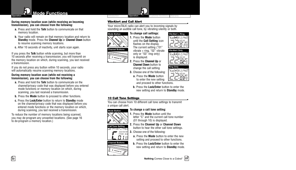 Mode functions | Cobra Electronics CXR750 User Manual | Page 14 / 17