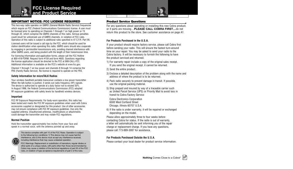 Fcc license required and product service | Cobra Electronics CXR750 User Manual | Page 16 / 17