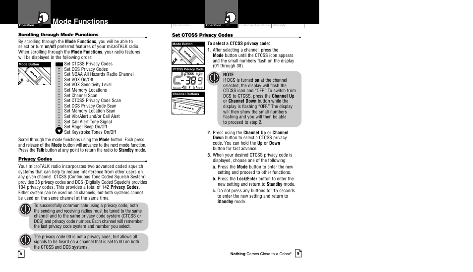 Mode functions | Cobra Electronics CXR750 User Manual | Page 7 / 17