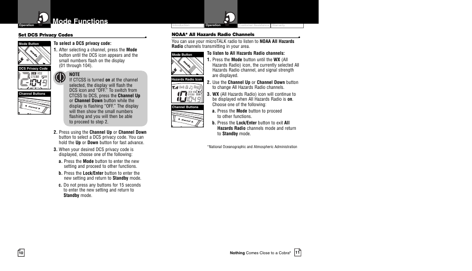 Mode functions | Cobra Electronics CXR750 User Manual | Page 8 / 17