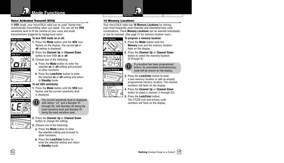 Mode functions | Cobra Electronics CXR750 User Manual | Page 9 / 17