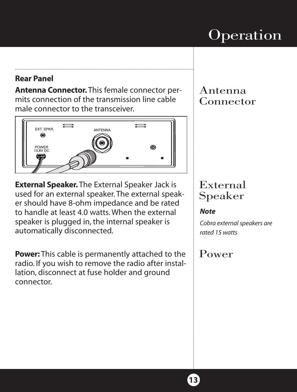 Operation, Antenna connector, External speaker | Power | Cobra Electronics 18 WXST II User Manual | Page 13 / 29