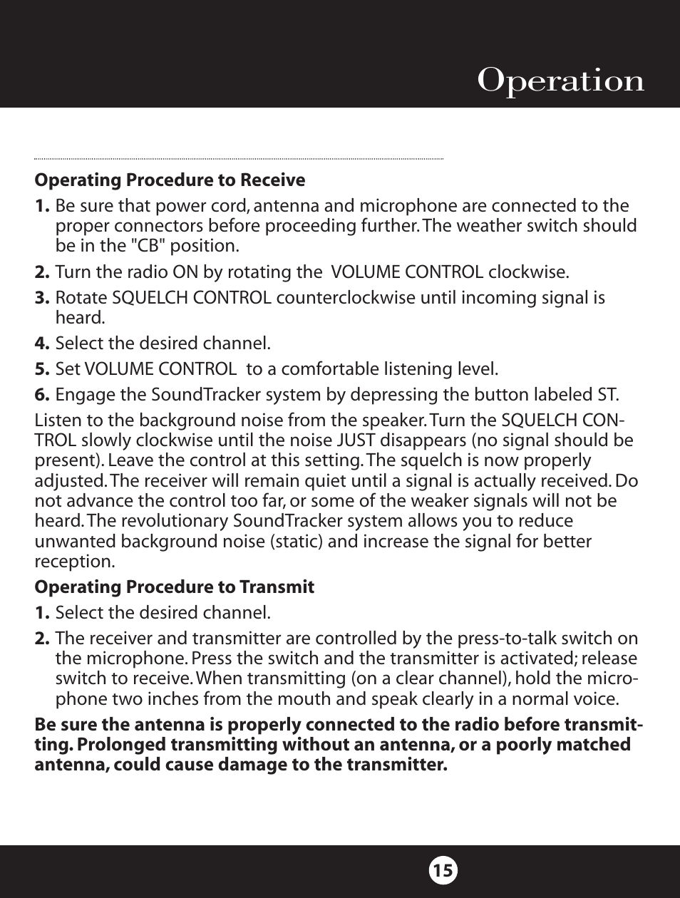 Operation | Cobra Electronics 18 WXST II User Manual | Page 15 / 29